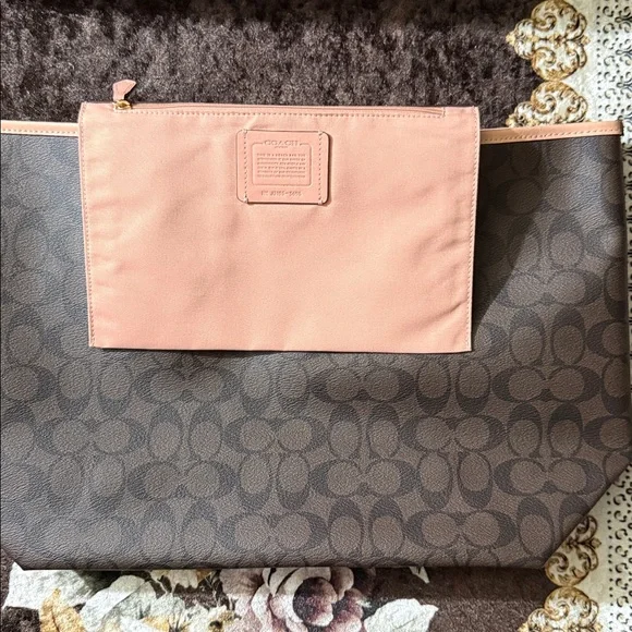 COACH Brown/Pink Signature Coated Canvas Gold-Tone Hardware City Tote Bag - Picture 7 of 12